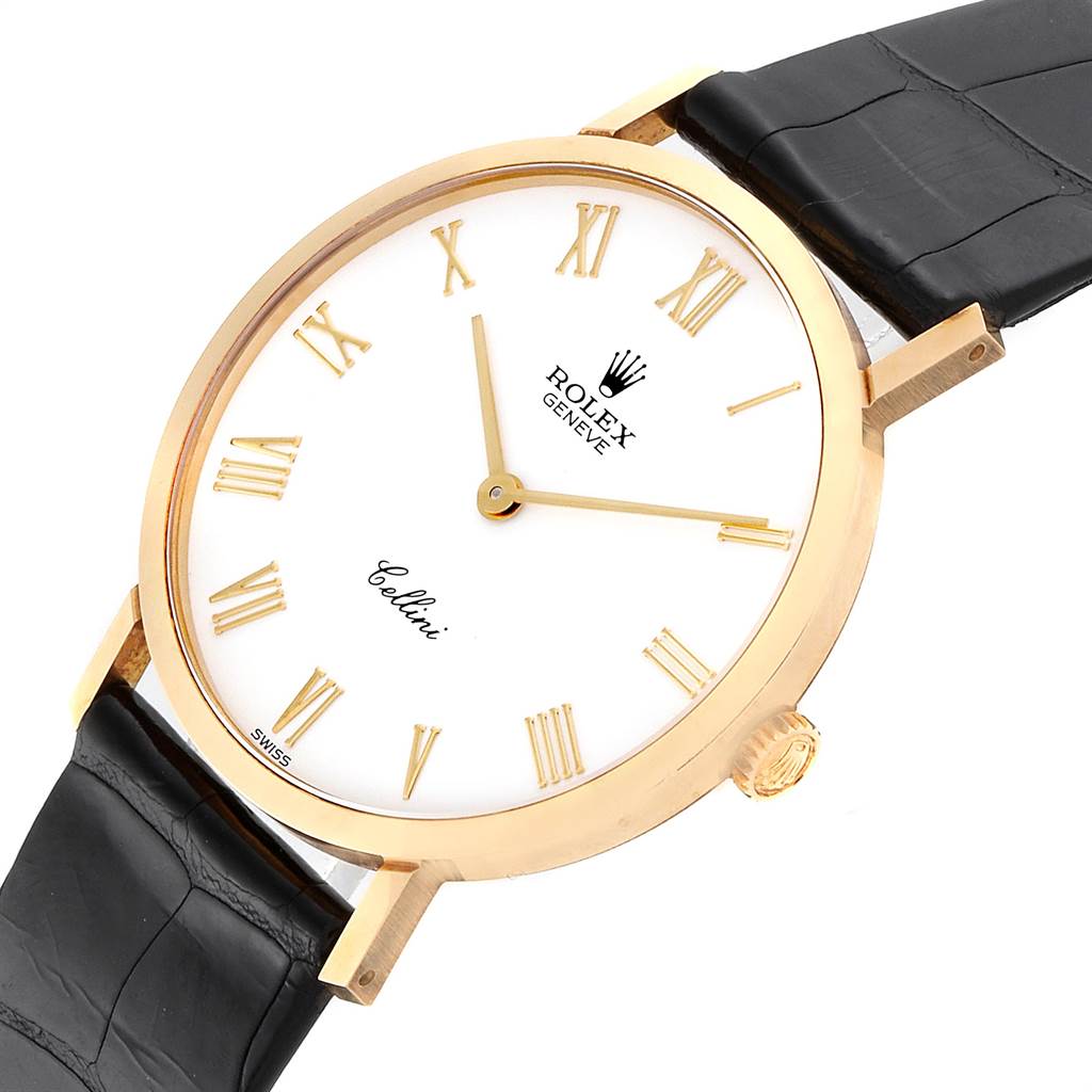 This image shows a close-up, angled view of the face, bezel, crown, and strap attachment of the Rolex Cellini 4112 Men's Yellow Gold White Dial 4112 Men's Yellow Gold White Dial watch.