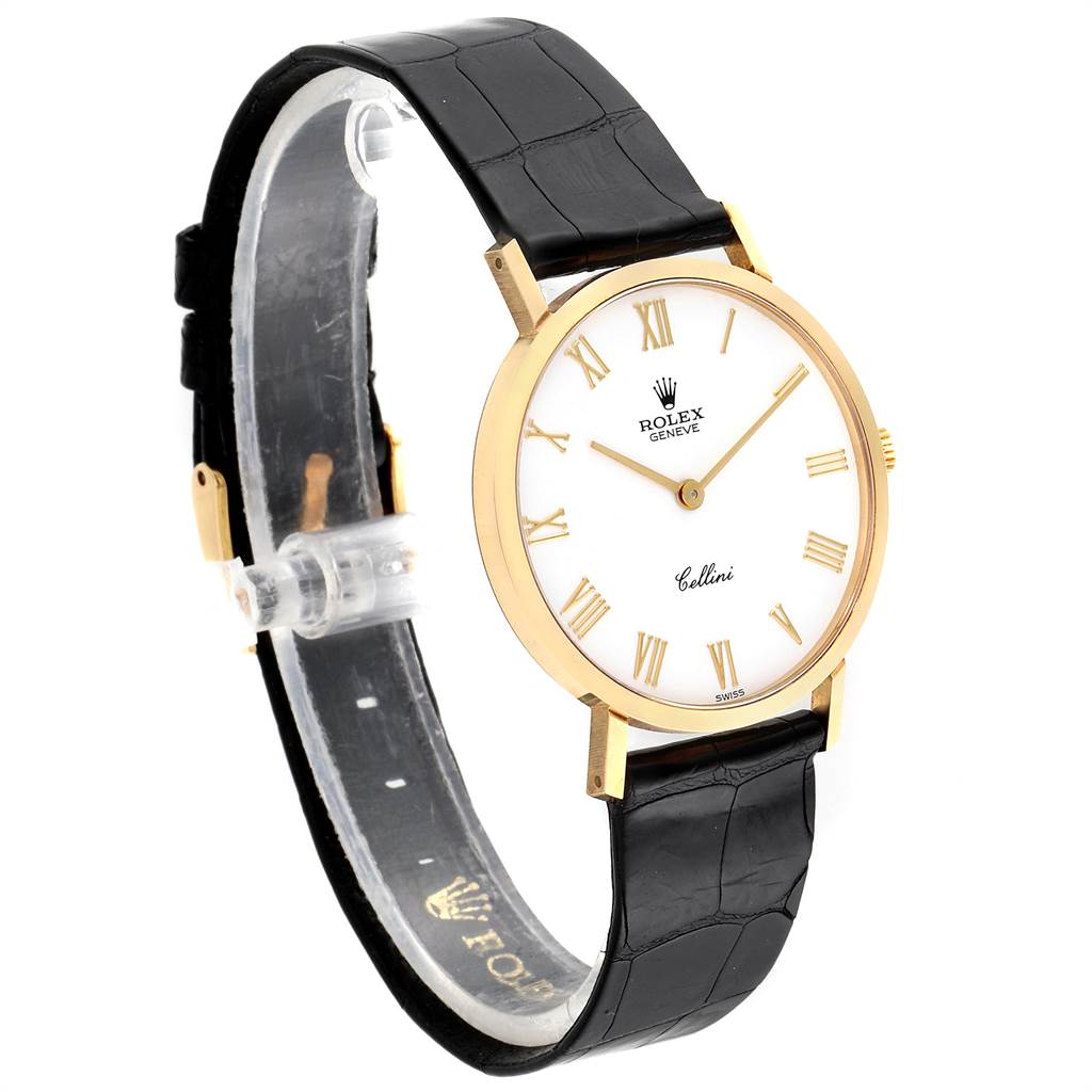 The Rolex Cellini 4112 Men's Yellow Gold White Dial 4112 Men's Yellow Gold White Dial watch is angled to show the face, bezel, and part of the strap.