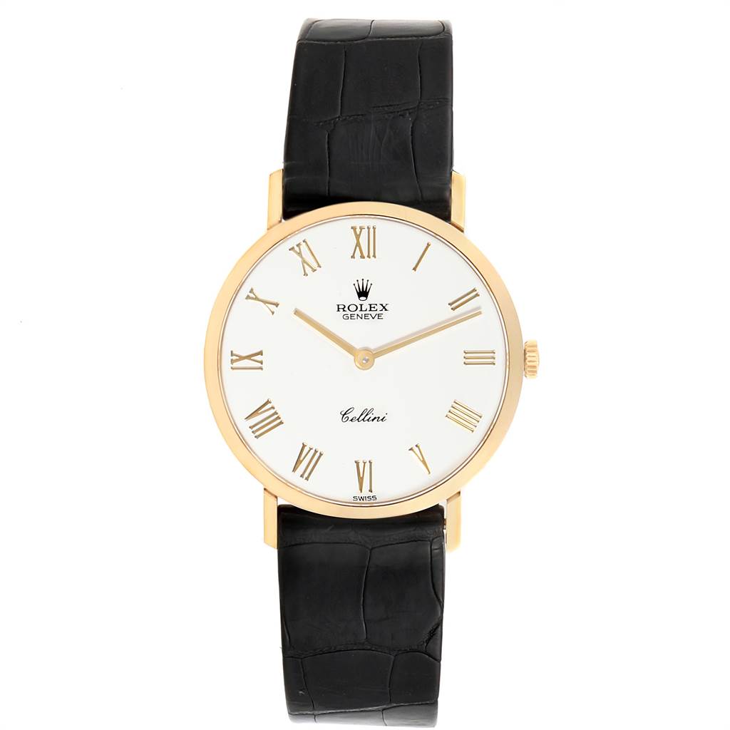 This image shows a Rolex Cellini 4112 Men's Yellow Gold White Dial 4112 Men's Yellow Gold White Dial watch from the front, highlighting its black leather strap, gold case, and white dial with Roman numerals.