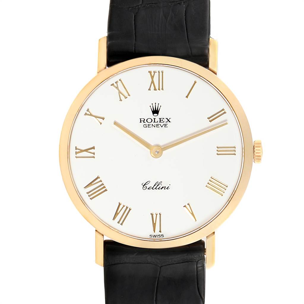 The image shows a Rolex Cellini 4112 Men's Yellow Gold White Dial 4112 Men's Yellow Gold White Dial watch in a frontal view, highlighting its white dial with gold Roman numerals and black leather strap.