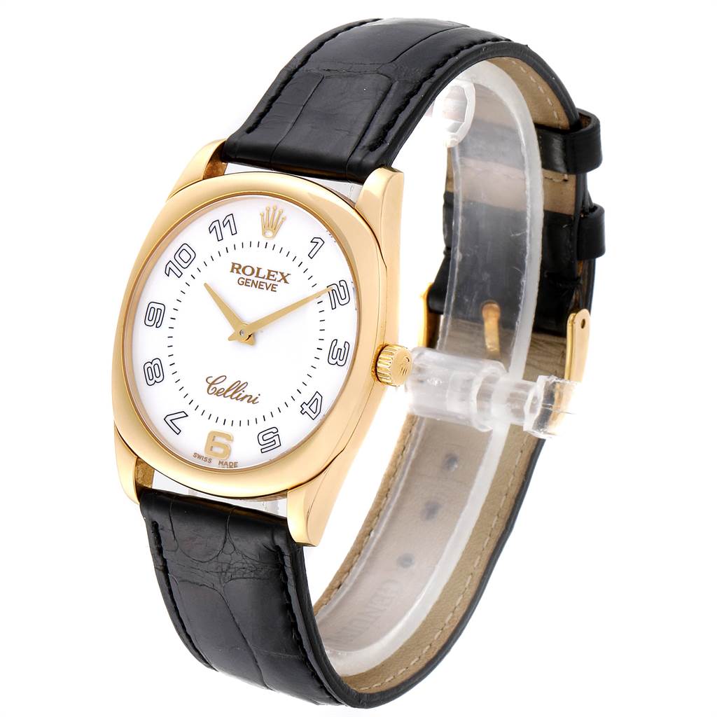 The Rolex Cellini 4233 Men's Yellow Gold White Dial 4233 Men's Yellow Gold White Dial watch is shown at a slight angle, featuring its face, strap, and gold casing.