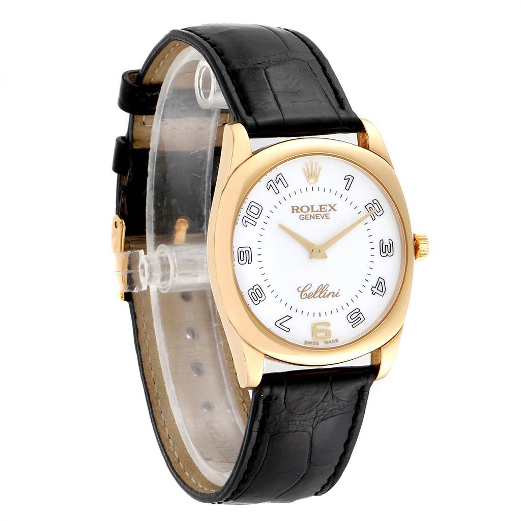The image shows a Rolex Cellini 4233 Men's Yellow Gold White Dial 4233 Men's Yellow Gold White Dial model watch at a slight angle showcasing its face, bezel, crown, and black leather strap.