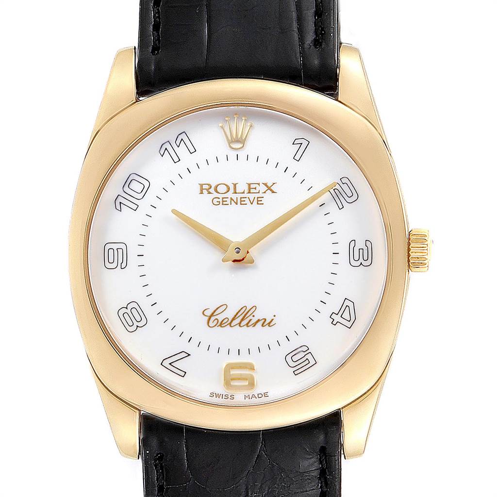 This image shows a front view of the Rolex Cellini 4233 Men's Yellow Gold White Dial 4233 Men's Yellow Gold White Dial watch, featuring its dial, hands, case, and part of the strap.