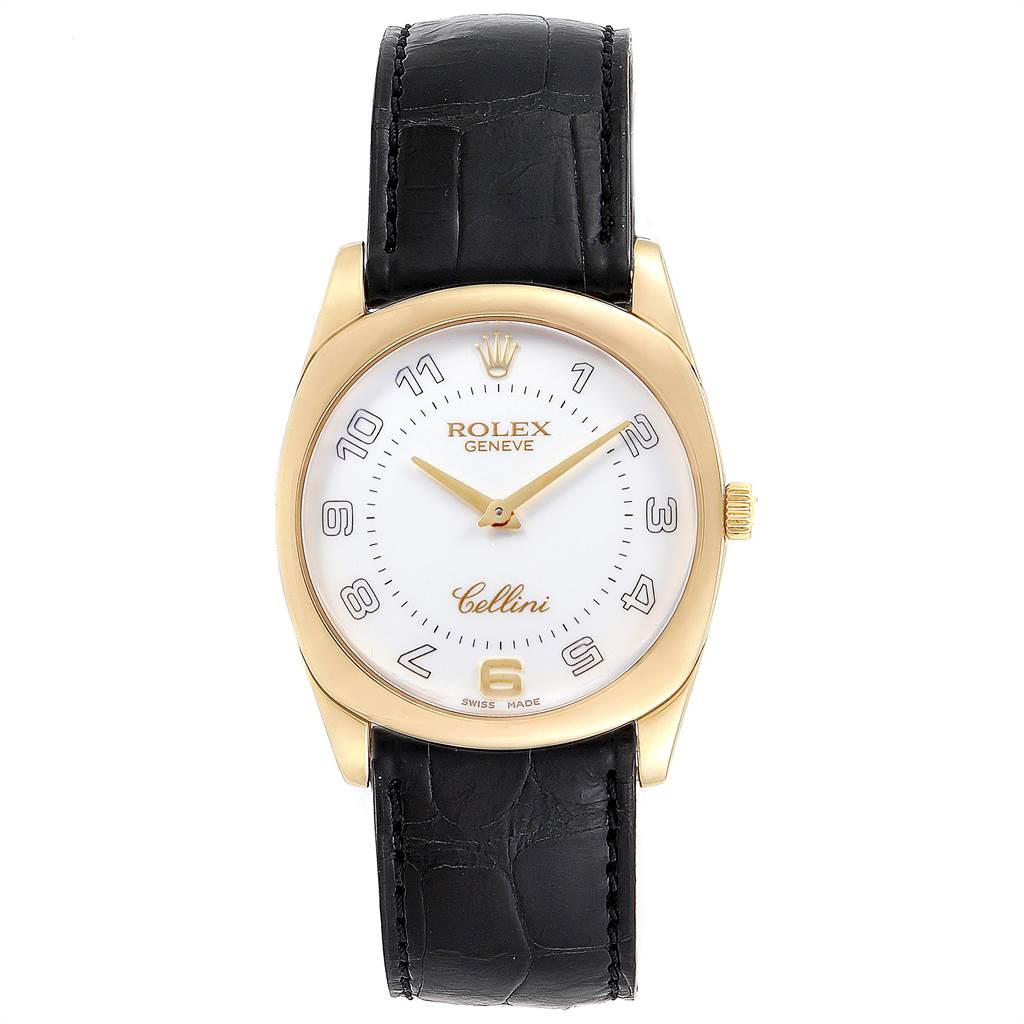 The image shows a Rolex Cellini 4233 Men's Yellow Gold White Dial 4233 Men's Yellow Gold White Dial watch from the front, highlighting its dial, hands, casing, and black leather strap.