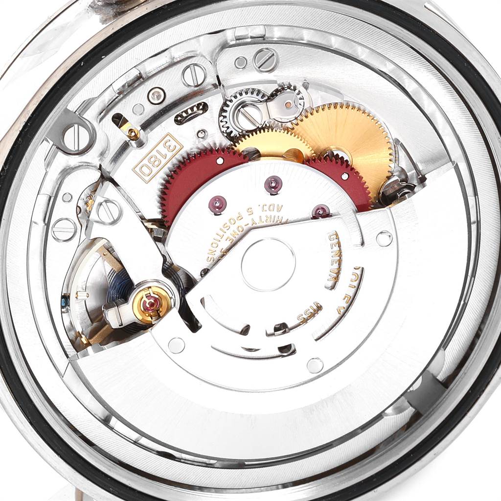 This image shows the internal mechanism of a Rolex Cellini 50529 Men
s White Gold Silver Dial 50529 Men
s White Gold Silver Dial watch from a close-up, top-down angle.