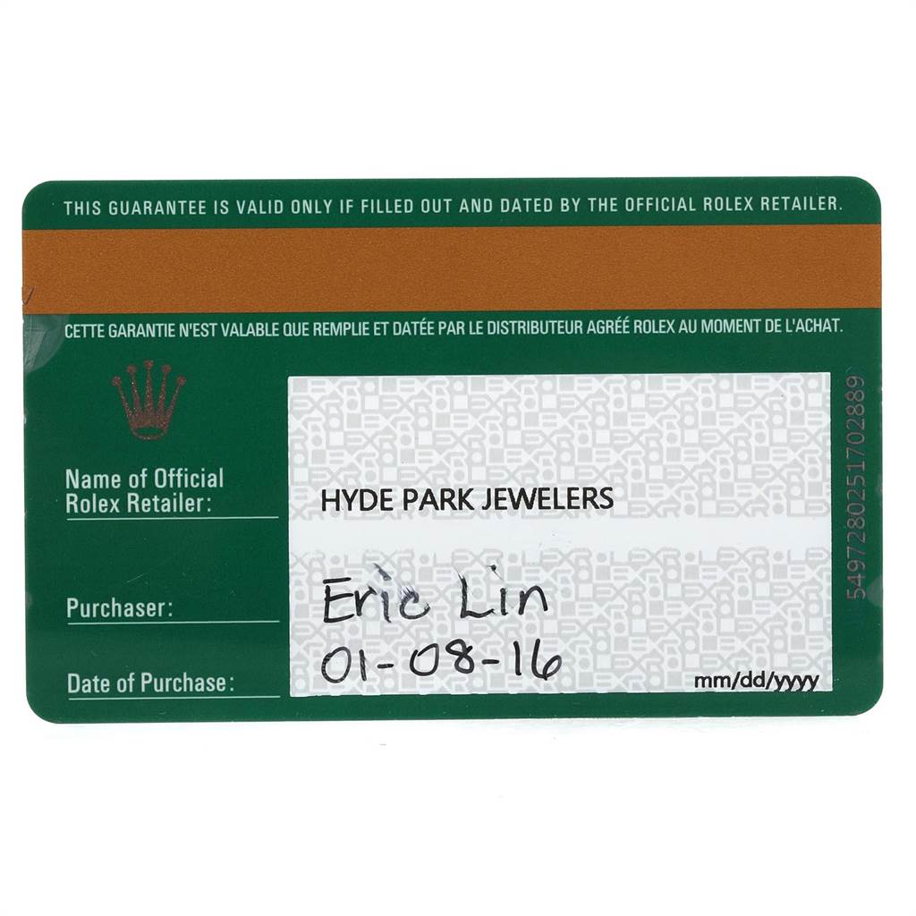 This image shows a warranty card from Rolex, for a watch purchased at Hyde Park Jewelers.
