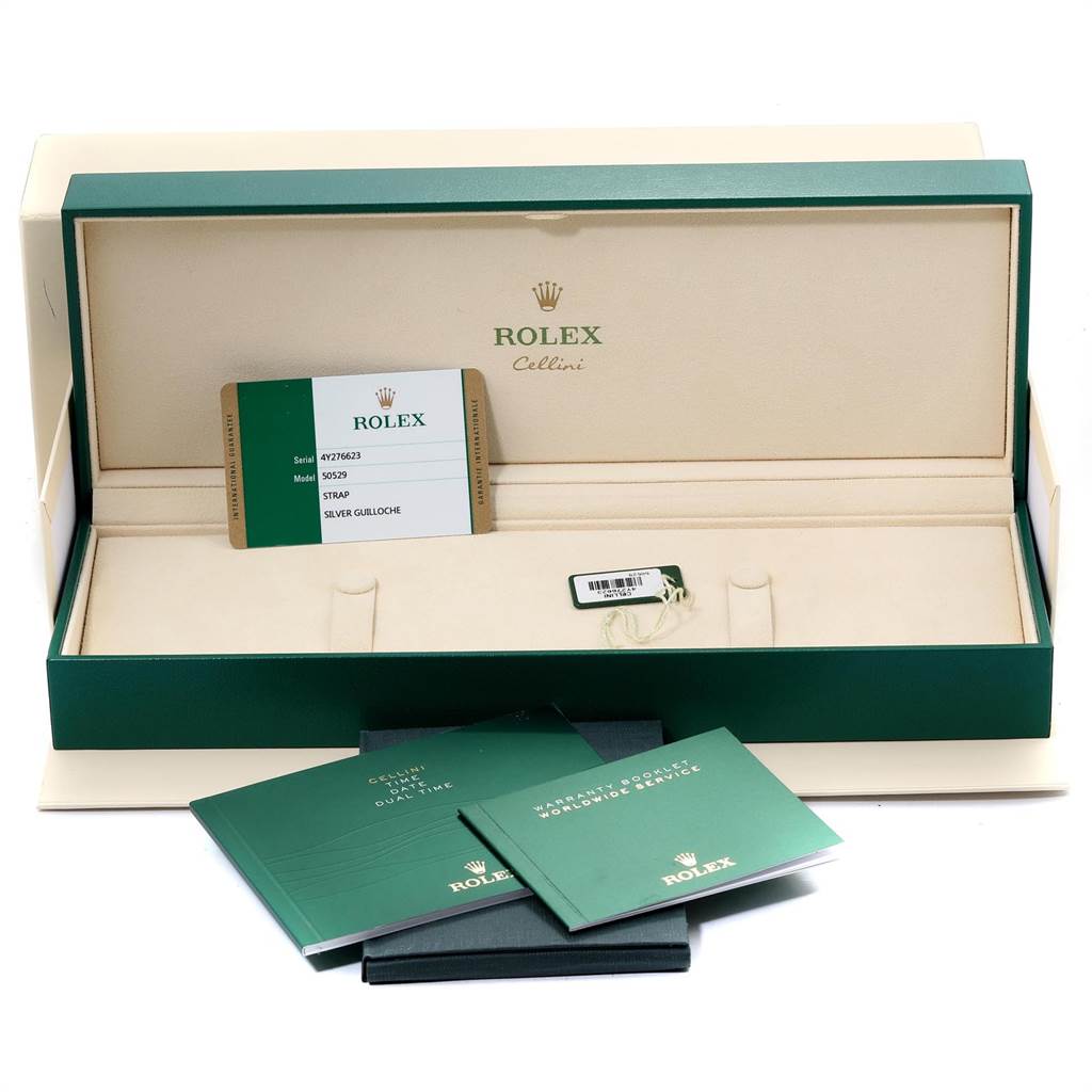The Rolex Cellini 50529 Men
s White Gold Silver Dial 50529 Men
s White Gold Silver Dial watch box is open, displaying manuals, warranty card, and identification tags.