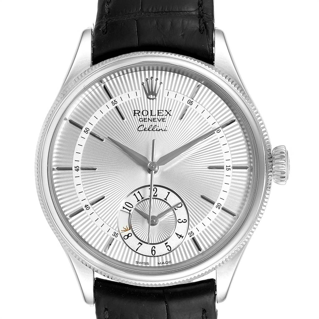 The image shows the face of a Rolex Cellini 50529 Men
s White Gold Silver Dial 50529 Men
s White Gold Silver Dial watch from a front angle, displaying its dial and hour markers with a leather strap.