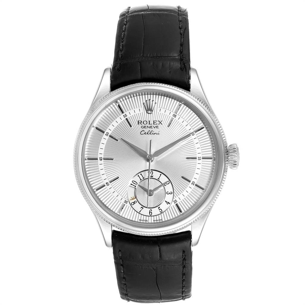 The image shows a front view of a Rolex Cellini 50529 Men
s White Gold Silver Dial 50529 Men
s White Gold Silver Dial watch with a silver dial, black leather strap, and sub-dial at 6 o
clock.