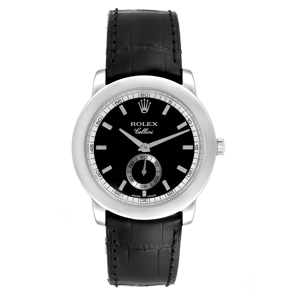 This image shows a front view of a Rolex Cellini 5241 Men's Platinum Black Dial 5241 Men's Platinum Black Dial watch, including its face, dial, case, and leather strap.
