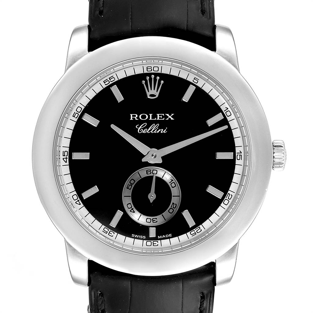 The Rolex Cellini 5241 Men's Platinum Black Dial 5241 Men's Platinum Black Dial model watch is shown from the front angle, highlighting the black dial, hour markers, and sub-dial.