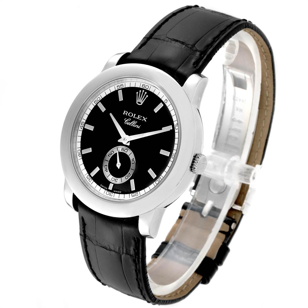 The image shows a Rolex Cellini 5241 Men's Platinum Black Dial 5241 Men's Platinum Black Dial watch from an angled side view, highlighting the black dial, crown, and black leather strap.