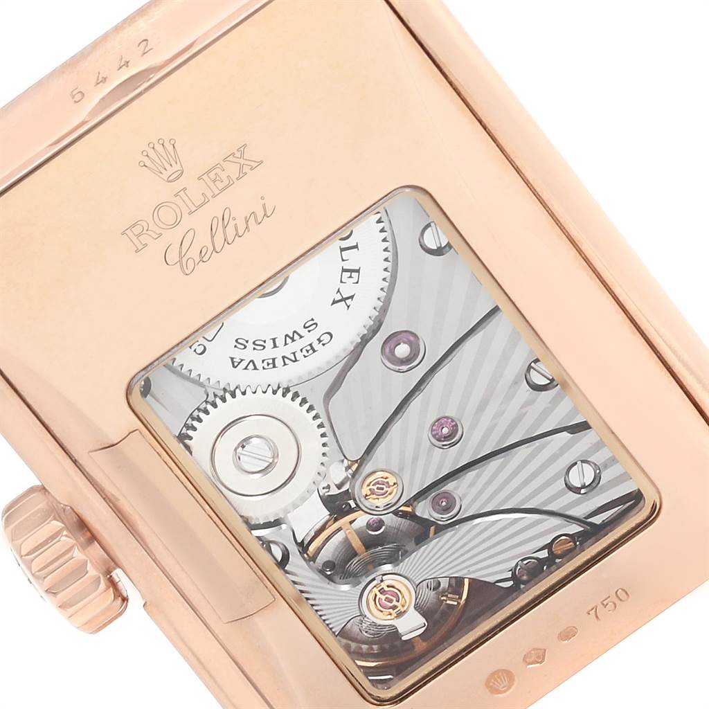 The image shows the back view of a Rolex Cellini 5442/5 Men's Rose Gold Black Dial 5442/5 Men's Rose Gold Black Dial watch, focusing on its internal mechanical movement.