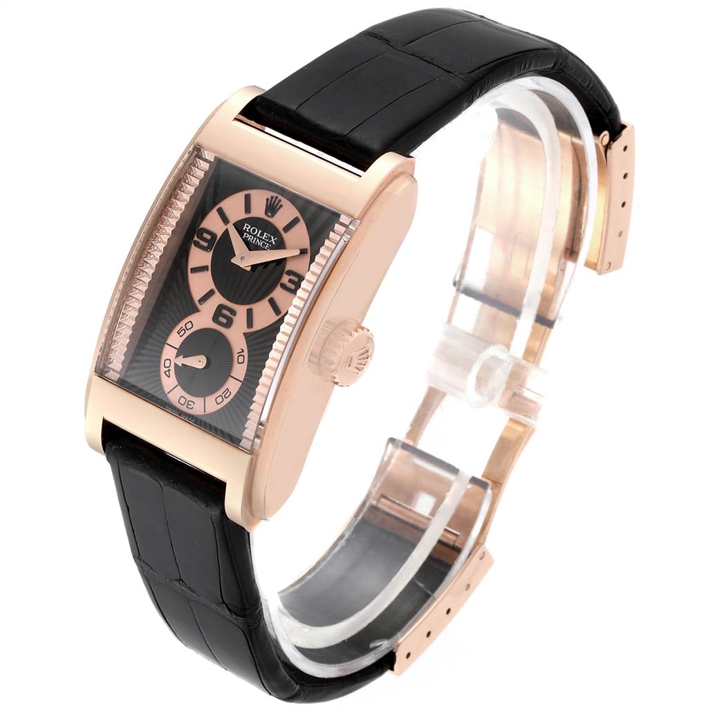 The image shows a side-angle view of a Rolex Cellini 5442/5 Men's Rose Gold Black Dial 5442/5 Men's Rose Gold Black Dial Prince watch with a visible strap, face, and crown.