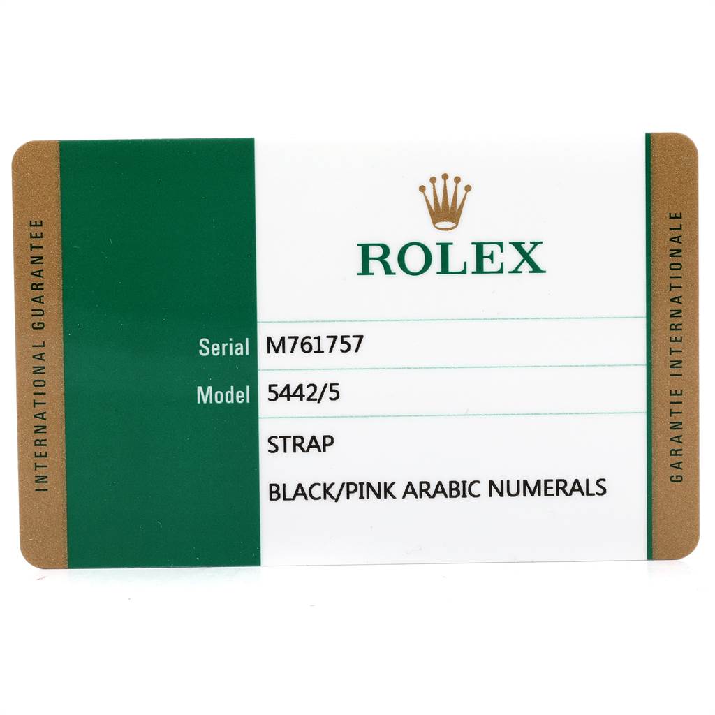 This is a Rolex warranty card for the Cellini model 5442/5, detailing the strap and black/pink Arabic numerals.