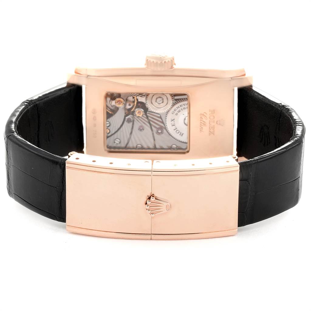 The image shows the back of the Rolex Cellini 5442/5 Men's Rose Gold Black Dial 5442/5 Men's Rose Gold Black Dial watch, highlighting the movement through the transparent case back and the clasp.