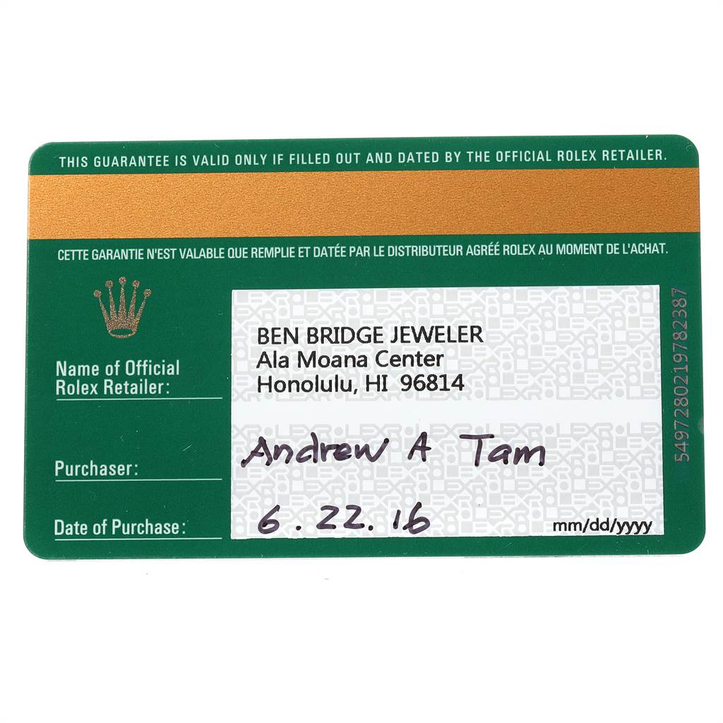 The image shows the guarantee card for a Rolex Cellini 5442/5 Men's Rose Gold Black Dial 5442/5 Men's Rose Gold Black Dial watch from an official Rolex retailer.