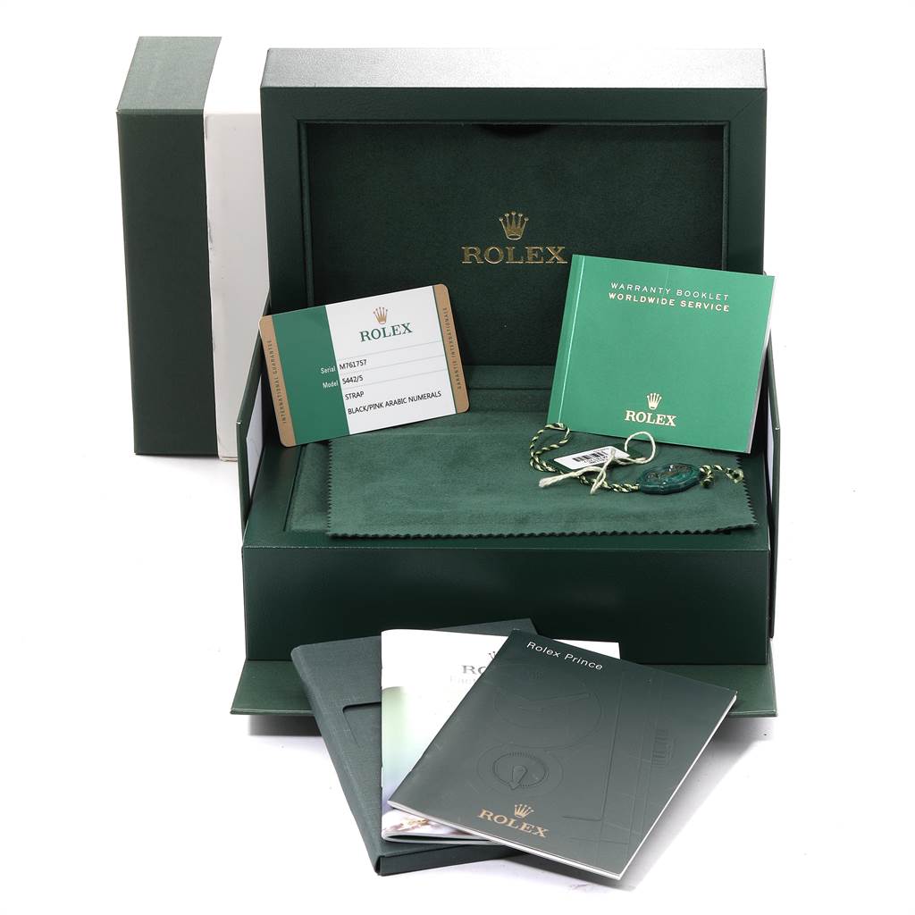 The image shows Rolex Cellini 5442/5 Men's Rose Gold Black Dial 5442/5 Men's Rose Gold Black Dial accessories, including the box, warranty booklet, tags, booklets, and a cleaning cloth.