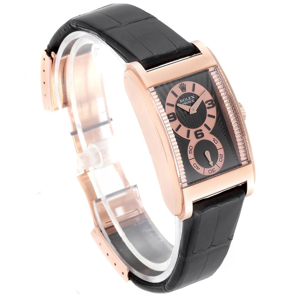 The Rolex Cellini 5442/5 Men's Rose Gold Black Dial 5442/5 Men's Rose Gold Black Dial watch is shown at a slight angle, featuring the face, strap, and crown.