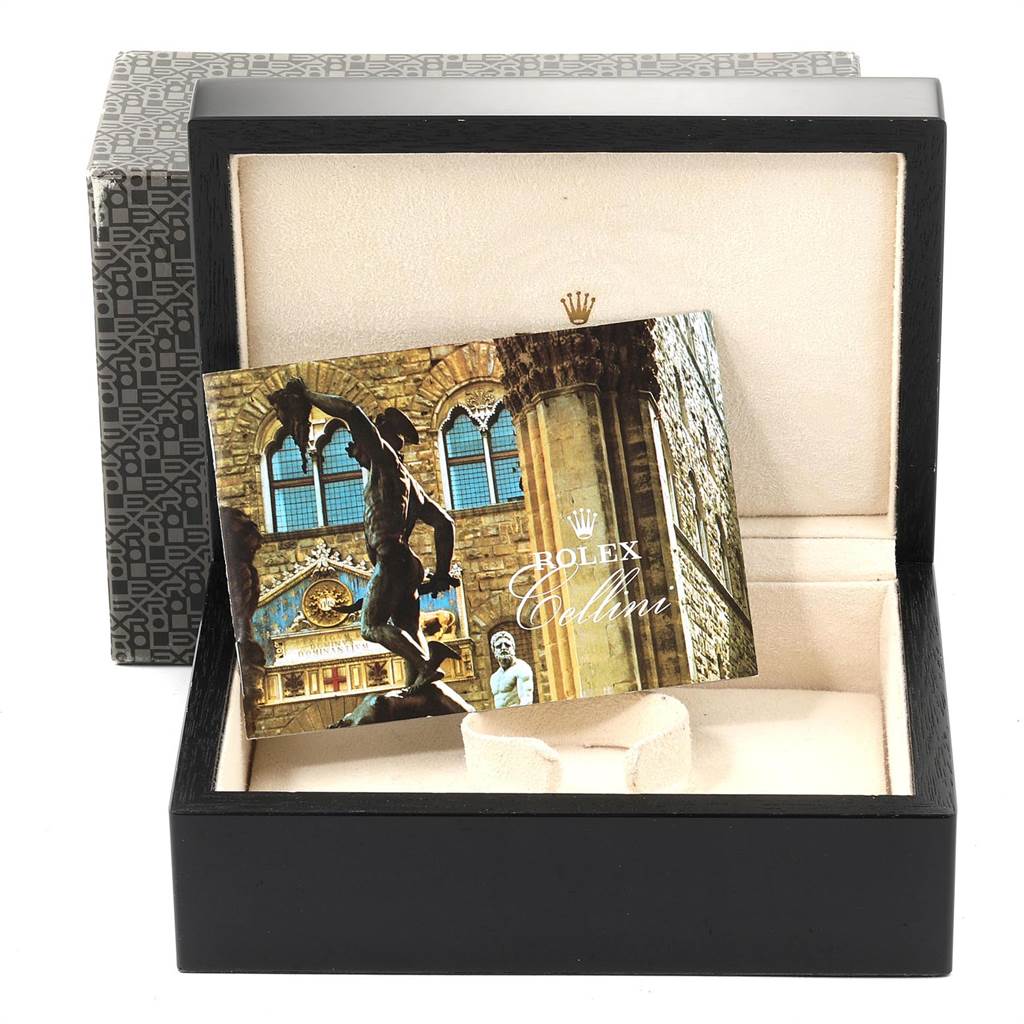 The image shows the opened box of a Rolex Cellini 6623 Men's White Gold Blue Dial 6623 Men's White Gold Blue Dial watch, revealing the instruction manual inside.