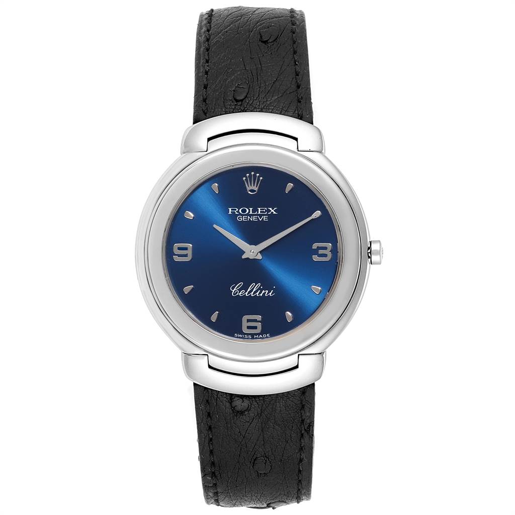 The image shows a front view of the Rolex Cellini 6623 Men's White Gold Blue Dial 6623 Men's White Gold Blue Dial watch, highlighting the face, dial, and leather strap.