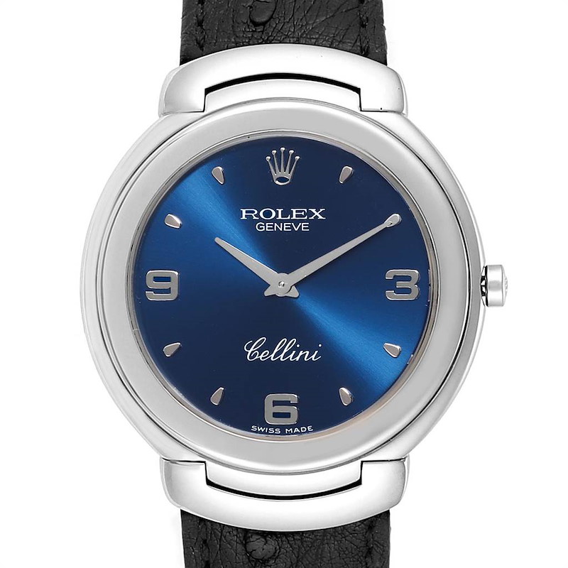 Rolex Cellini White Gold Blue Dial Black Strap Mens Watch 6623 SwissWatchExpo