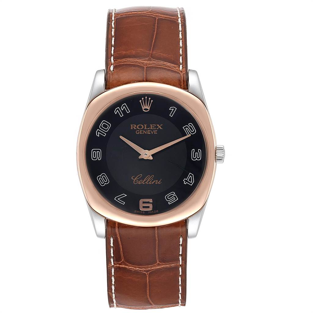 The image shows a Rolex Cellini 4233 Men's White Gold Black Dial 4233 Men's White Gold Black Dial watch from a front view, highlighting the watch face, dial, and brown leather strap.