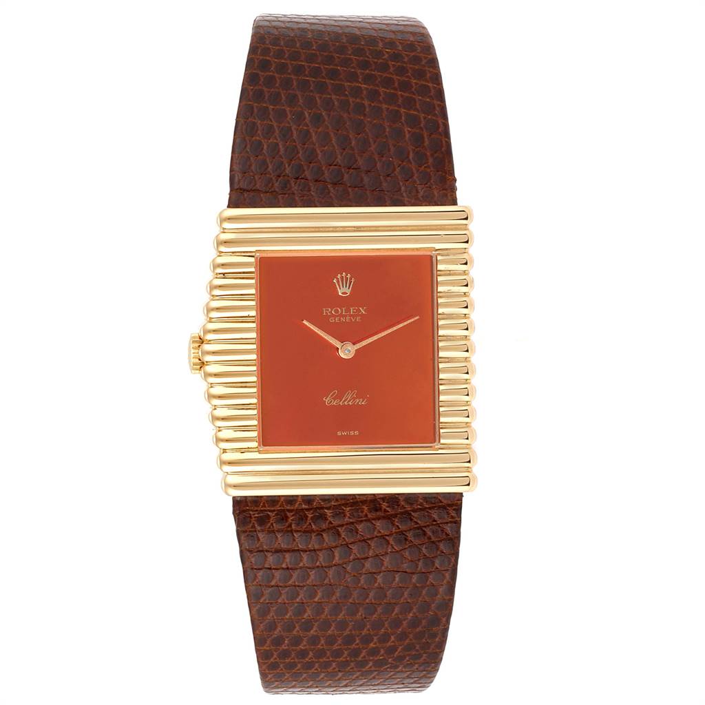 This image shows a front view of a Rolex Cellini 4017 Men's Yellow Gold Orange Dial 4017 Men's Yellow Gold Orange Dial watch with a gold rectangular case and a brown textured leather strap.