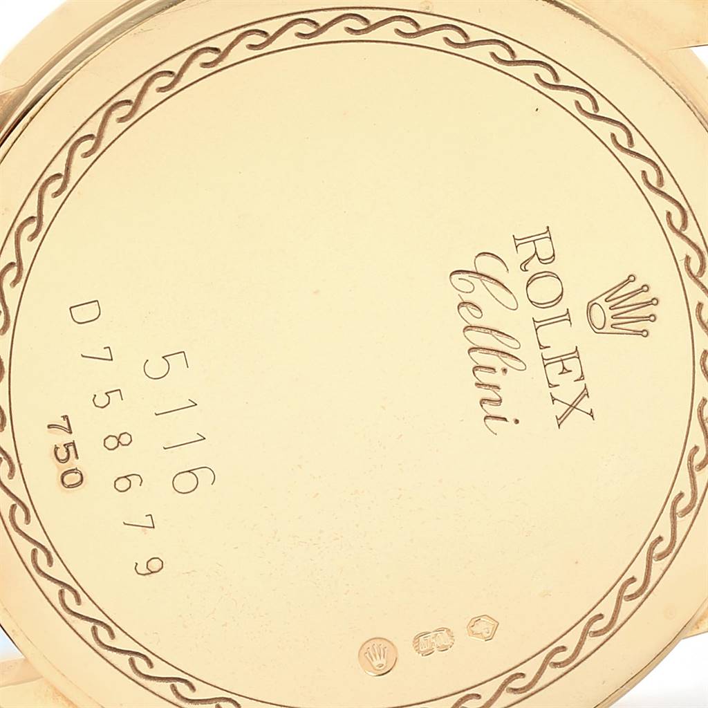 The image shows the back case of a Rolex Cellini 5116 Men's Yellow Gold Beige Dial 5116 Men's Yellow Gold Beige Dial watch, highlighting the engraved model details and branding.