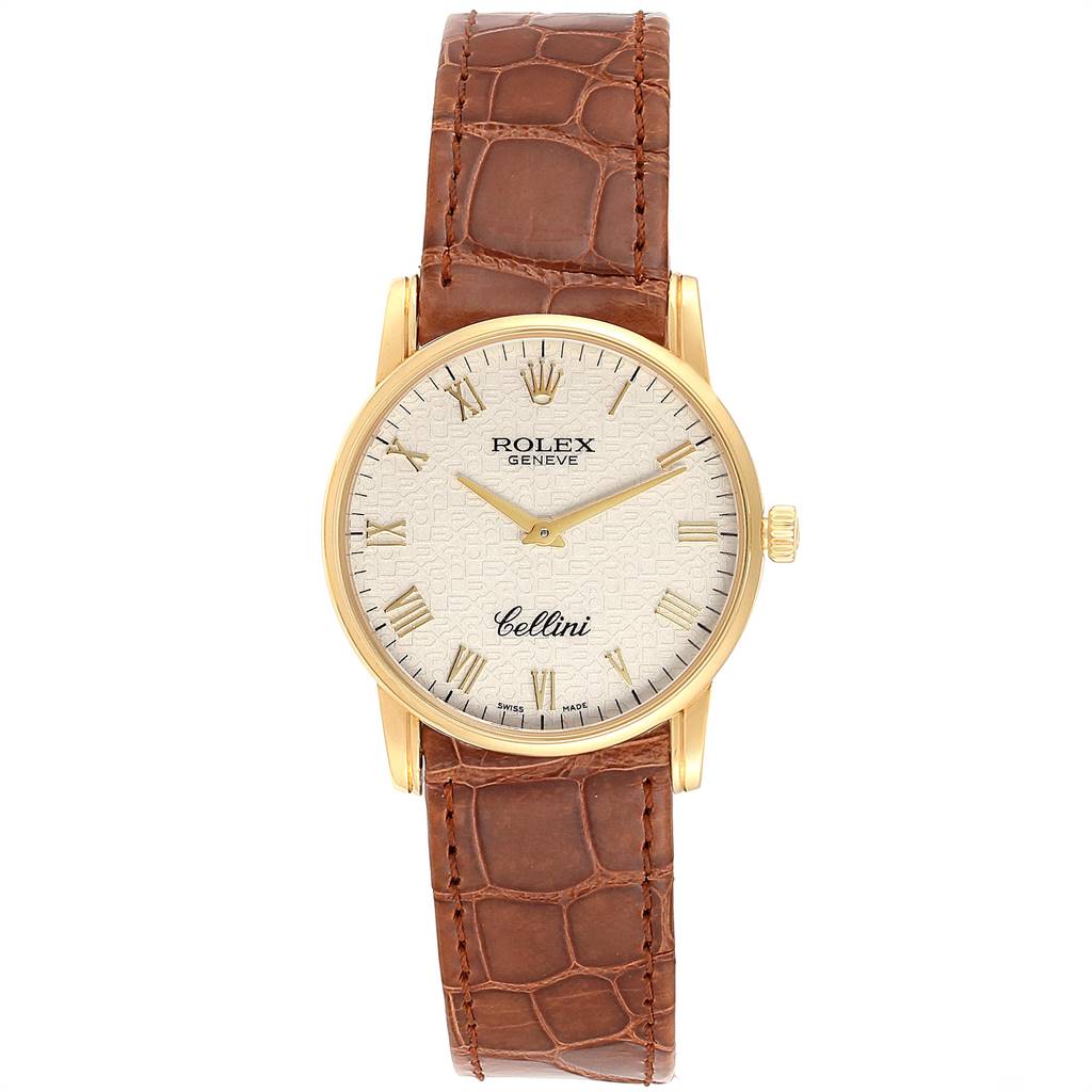 The image shows a front view of a Rolex Cellini 5116 Men's Yellow Gold Beige Dial 5116 Men's Yellow Gold Beige Dial watch with a brown leather strap and a gold case.