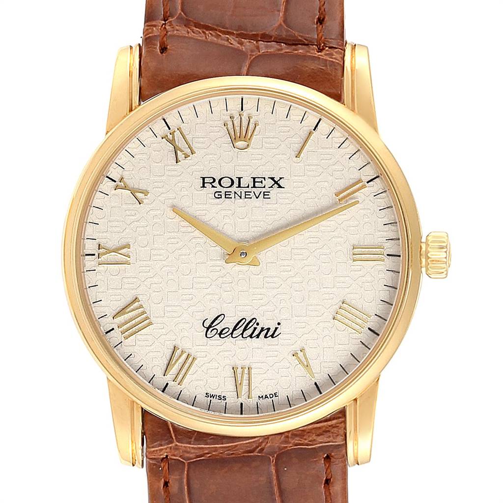This image shows a front view of a Rolex Cellini 5116 Men's Yellow Gold Beige Dial 5116 Men's Yellow Gold Beige Dial watch, featuring its face, hands, crown, and brown leather strap.
