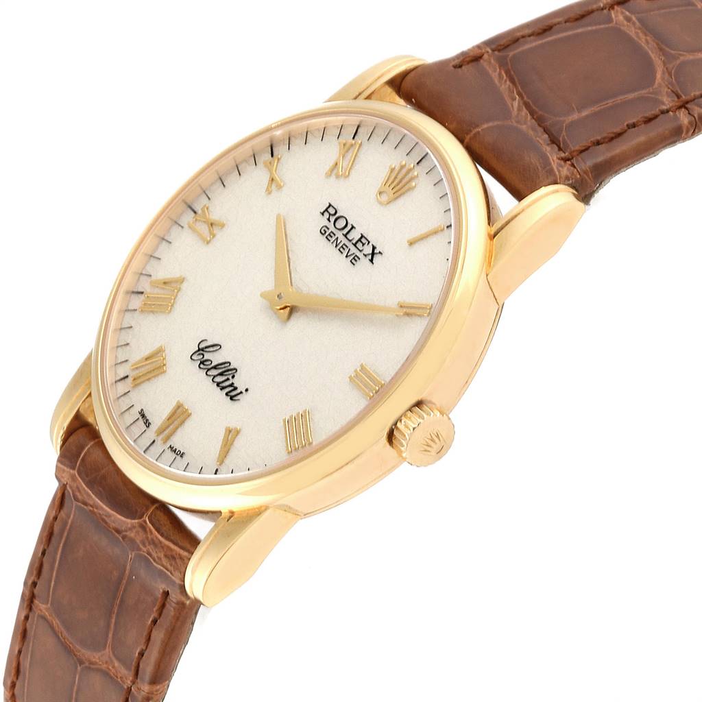 The image shows a Rolex Cellini 5116 Men's Yellow Gold Beige Dial 5116 Men's Yellow Gold Beige Dial watch at an angled view, highlighting its dial, crown, case, and leather strap.