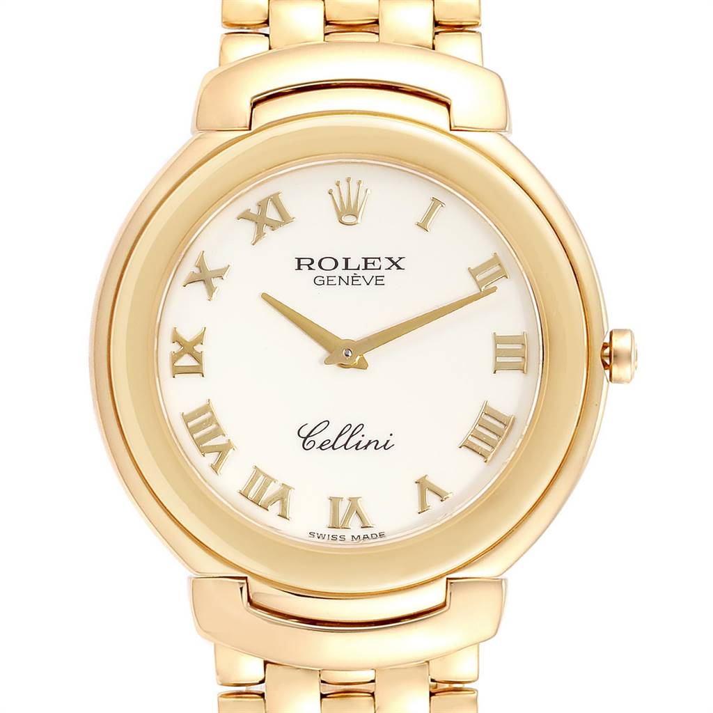 This image shows a front view of a Rolex Cellini 6623 Men's Yellow Gold Beige Dial 6623 Men's Yellow Gold Beige Dial watch, highlighting its face, Roman numeral markers, and the top part of its gold bracelet.