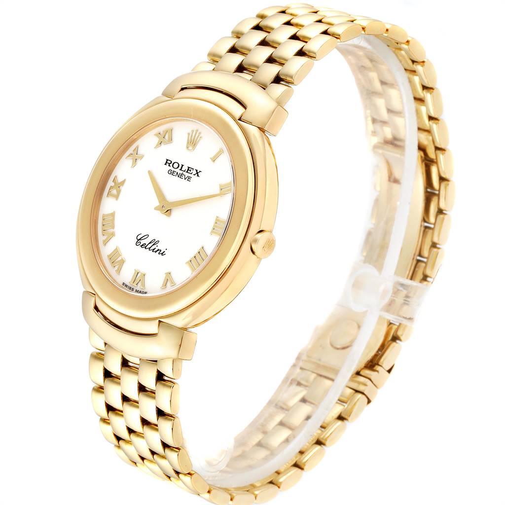 The Rolex Cellini 6623 Men's Yellow Gold Beige Dial 6623 Men's Yellow Gold Beige Dial watch is shown at a slight angle, highlighting its gold case, white dial with Roman numerals, and gold bracelet.