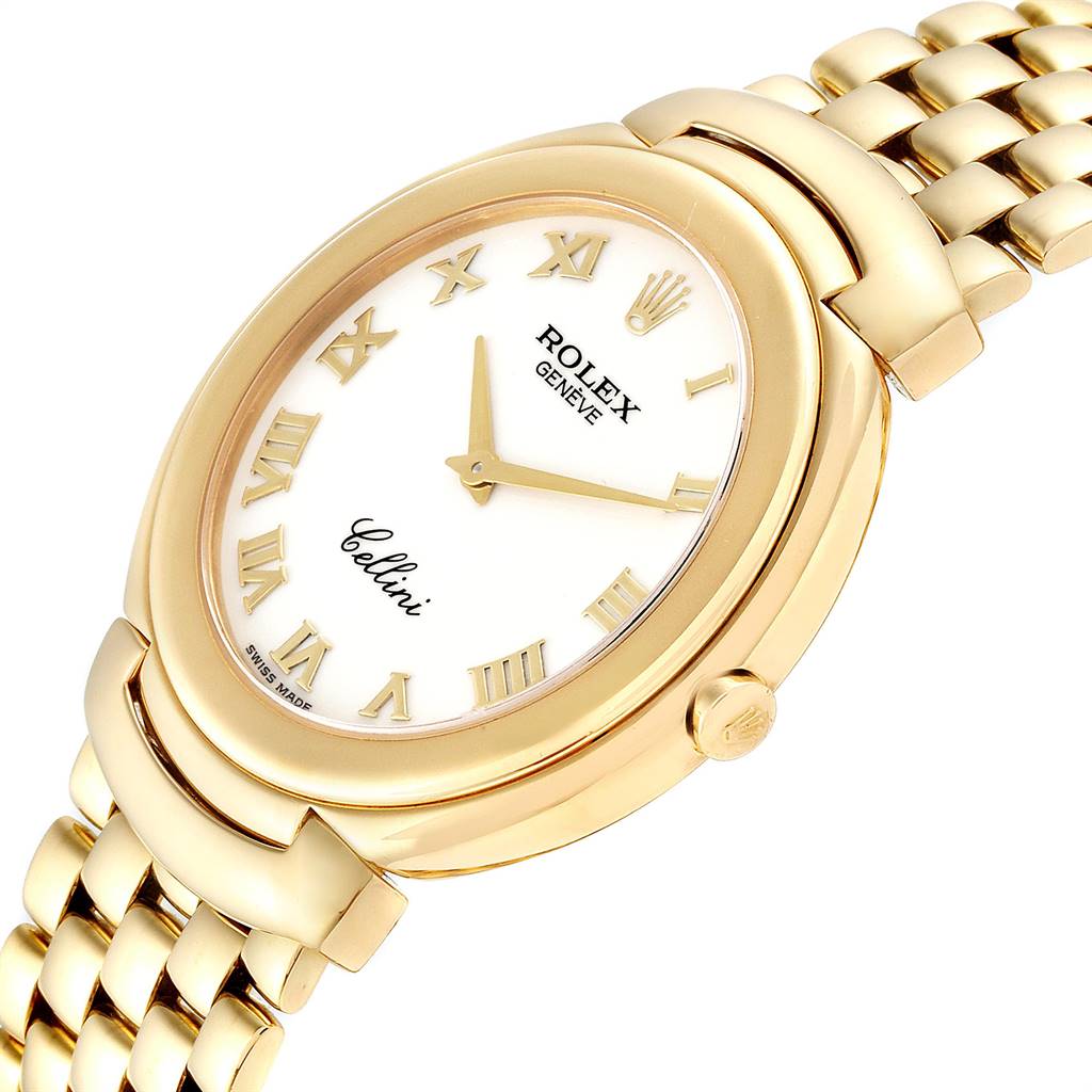The image shows a close-up angle of the front and part of the bracelet of a Rolex Cellini 6623 Men's Yellow Gold Beige Dial 6623 Men's Yellow Gold Beige Dial watch.