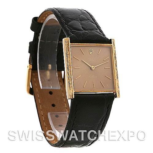 The image shows a Rolex Cellini 4014 Men's Yellow Gold Brown Dial 4014 Men's Yellow Gold Brown Dial watch from a front angle, displaying its square dial, gold casing, and a black leather strap.