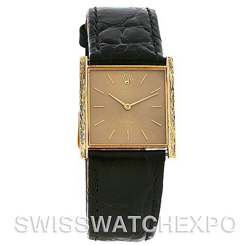The image shows a front view of a Rolex Cellini 4014 Men's Yellow Gold Brown Dial 4014 Men's Yellow Gold Brown Dial watch with a square face, gold detailing, and a black leather strap.