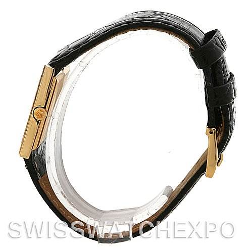 The image shows a side view of a Rolex Cellini 4014 Men's Yellow Gold Brown Dial 4014 Men's Yellow Gold Brown Dial watch, highlighting its black leather strap and gold clasp.