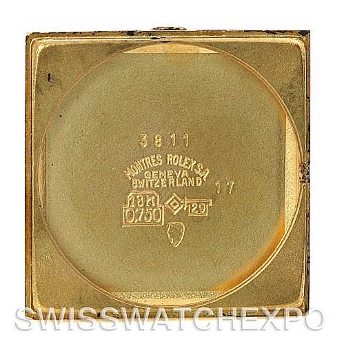 This image shows the inside case back of a Rolex Cellini 4014 Men's Yellow Gold Brown Dial 4014 Men's Yellow Gold Brown Dial watch, highlighting the markings and engravings on the inner surface.