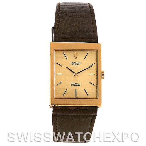 This image shows a front view of the Rolex Cellini 4014 Men
s Yellow Gold Champagne Dial 4014 Men
s Yellow Gold Champagne Dial watch with a rectangular face and dark leather strap.