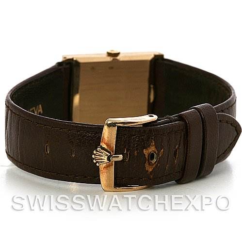 This image shows the back view of a Rolex Cellini 4014 Men
s Yellow Gold Champagne Dial 4014 Men
s Yellow Gold Champagne Dial watch, highlighting the leather strap and buckle.