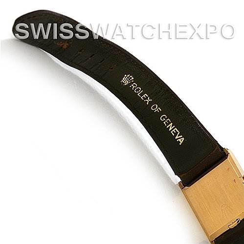 This image shows the inner part of the leather strap of a Rolex Cellini 4014 Men
s Yellow Gold Champagne Dial 4014 Men
s Yellow Gold Champagne Dial watch, featuring the "Rolex of Geneva" imprint.