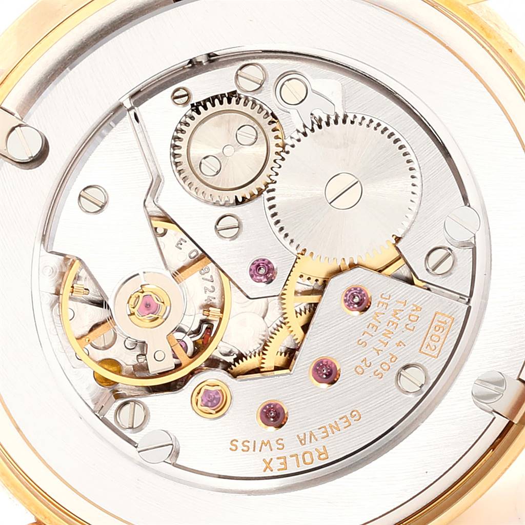 This image shows the internal mechanical movement of a Rolex Cellini 5115 Men's Yellow Gold Silver Dial 5115 Men's Yellow Gold Silver Dial watch, viewed from the back.