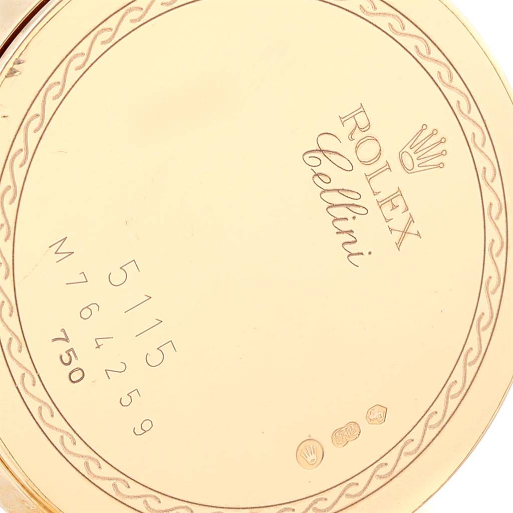 This image shows the back case of a Rolex Cellini 5115 Men's Yellow Gold Silver Dial 5115 Men's Yellow Gold Silver Dial watch, engraved with the brand's name and model details.