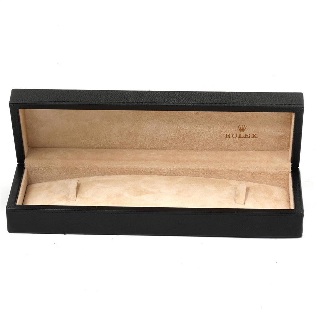 This image shows an open storage box for a Rolex Cellini 5115 Men's Yellow Gold Silver Dial 5115 Men's Yellow Gold Silver Dial watch, revealing its beige interior and the Rolex logo.