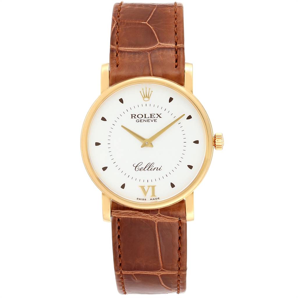 This image shows a front view of the Rolex Cellini 5115 Men's Yellow Gold Silver Dial 5115 Men's Yellow Gold Silver Dial watch displaying its dial, case, crown, and leather strap.