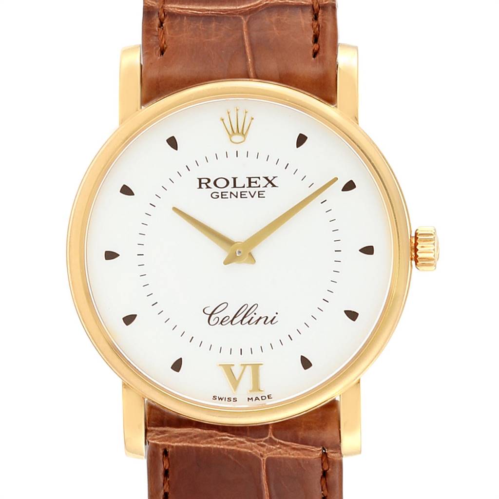 This image shows a front view of a Rolex Cellini 5115 Men's Yellow Gold Silver Dial 5115 Men's Yellow Gold Silver Dial watch, displaying its white dial, gold case, and brown leather strap.