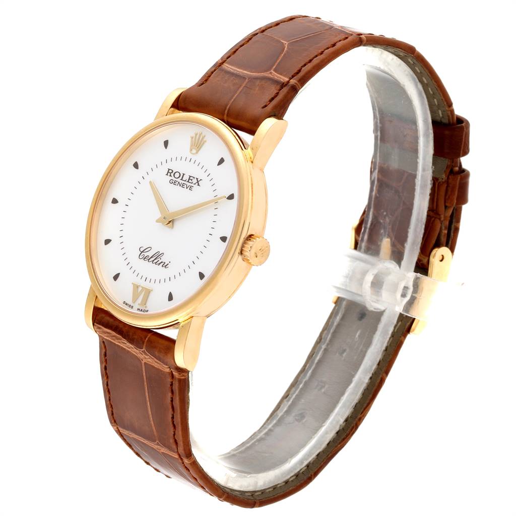 The image shows a Rolex Cellini 5115 Men's Yellow Gold Silver Dial 5115 Men's Yellow Gold Silver Dial watch at a 3/4 angle, highlighting its brown leather strap and gold case.