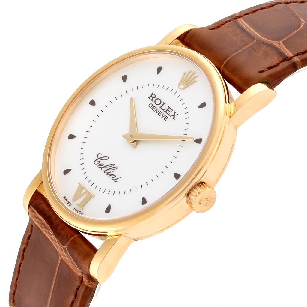 This Rolex Cellini 5115 Men's Yellow Gold Silver Dial 5115 Men's Yellow Gold Silver Dial watch is shown at an angled view, highlighting the dial, case, crown, and leather strap.