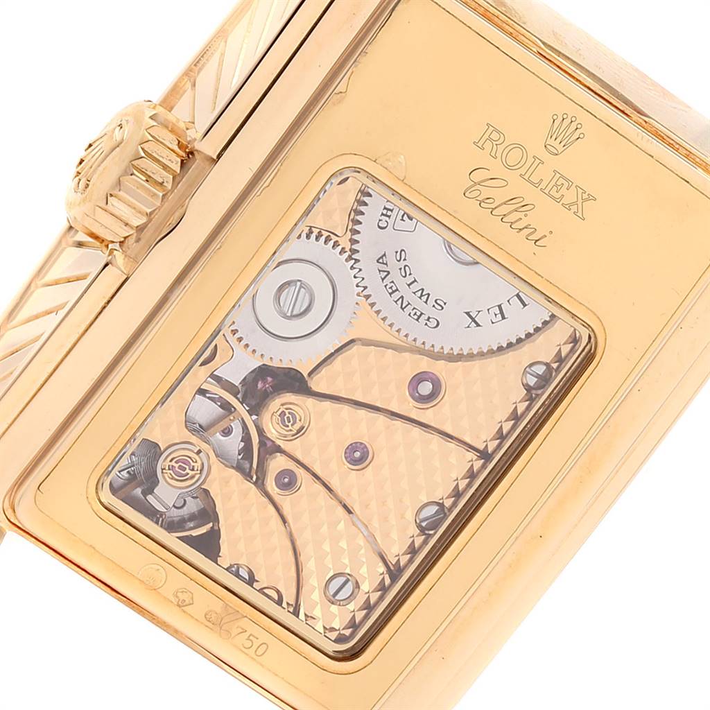 This image shows the back view of a Rolex Cellini 5440/8 Men's Yellow Gold Champagne Dial 5440/8 Men's Yellow Gold Champagne Dial watch, highlighting its internal mechanical movement and gears.